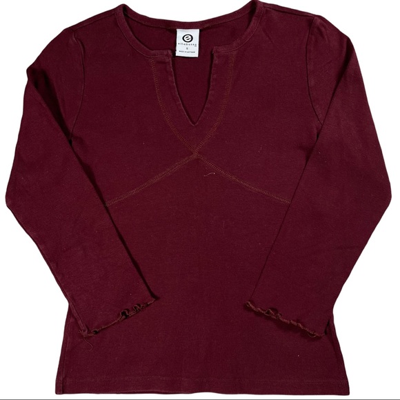 Ellemeno size Small maroon shirt, 3/4 sleeve, ruffle hem, Vneck, Y2K vintage EUC - Picture 1 of 9